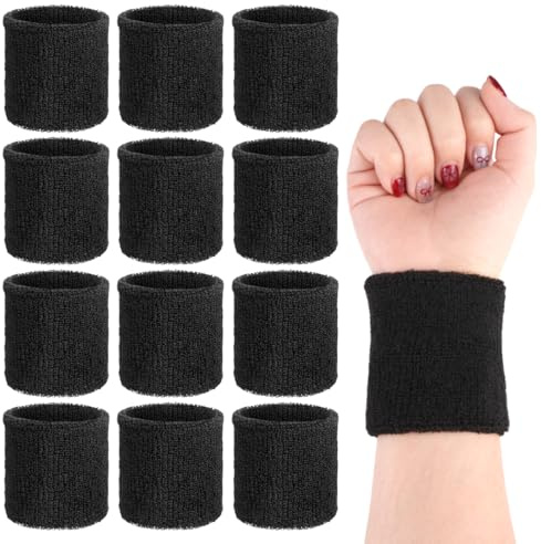 12 Stück Schweißbänder Handgelenk, 8cm Sport Wristbands, Schwarz | Schweißband Handgelenk Elastisch, Fitness Schweissband, für Damen & Herren, für Running, Fußball,Basketball und Tennis Sport