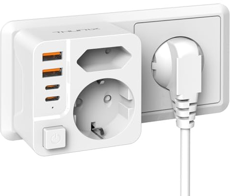 Doppelstecker für Steckdose, Mehrfachstecker mit USB C, Kompakt 2 Fach Steckdosenadapter mit 4 USB(2 Typ-C) Mehrfachstecker für Steckdose 4000W mit Schalter-Weiß