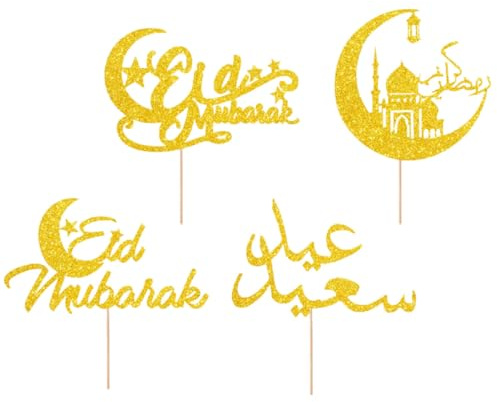 FOMIYES 4 Stück Eid Mubarak Cupcake Topper aus Papier Tortendeko mit Kuchenspieß Party Dekoration für Ramadan und Bairam nicht Essbar
