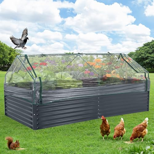 Hochbeet Metall 240x120x60cm Mit Abdeckung, Rechteckiges Gartenbeet Mit Vogelschutznetz, Offener Boden Für Drainage, Robuster Pflanzbeet Für Gemüse Kräuter Blumen Garten Terrasse, Grau