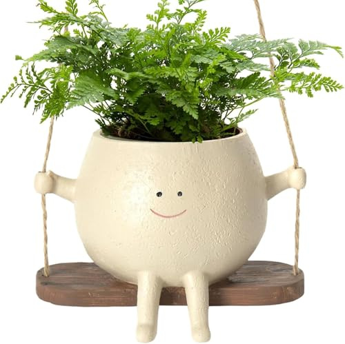 LINGMING Vaso da fiori oscillante, fioriera sospesa per interni ed esterni, vaso da fiori in resina con faccina sorridente e altalena, vaso per piante grasse seduto