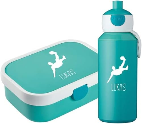 4ou Design Mepal Set Brotdose & Trinkflasche personalisiert mit Namen – Silhouette Fußballer türkis – Auslaufsicher, Bento Einsatz rausnehmbar, inkl. Snackgabel – BPA frei – Geschenk für Kinder