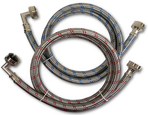 Premium Stainless Steel Washing Machine Hoses with 90 Degree Elbow, 12 Ft Burst Proof (2 Pack) Red and Blue Striped Water Connection Inlet Supply Lines