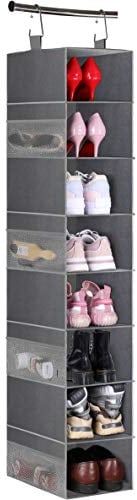 MISSLO Hanging Shoe Storage Organiser for Wardrobe Shoe Rack with Large 8-Shelf and Side Mesh Pockets Organizer for Handbags, Clothes, Hat, Grey