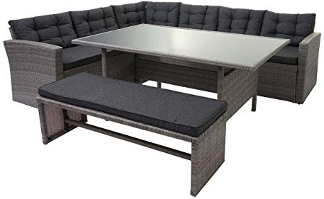 Mendler Poly-Rattan-Garnitur HWC-A29, Gartengarnitur Sitzgruppe Lounge-Esstisch-Set Sofa + Bank - grau, Kissen grau