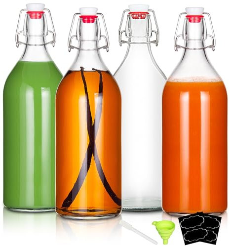 YEBODA Botellas de cerveza de vidrio con tapa abatible de 32 onzas con tapas herméticas de goma para elaboración casera de kombucha, bebidas, aceite, vinagre, agua, refrescos, kéfir (paquete de 4)