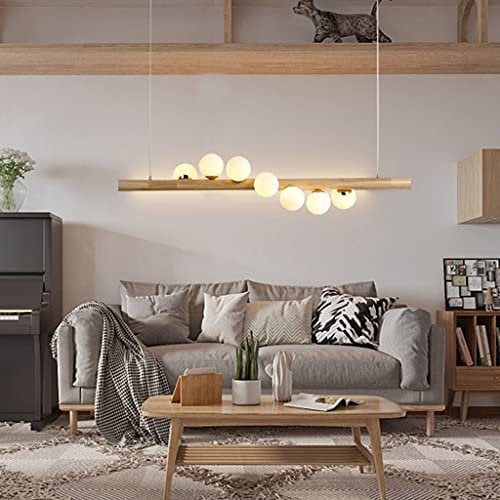 Lampe À Suspension Bois LED Table À Manger Suspension Luminaire Vintage Lampe Suspendue À Hauteur Réglable Boule Verre Éclairage Avec Ampoules G9 Plafonnier Rétro Pour Lustre De Salle À Manger,7 head