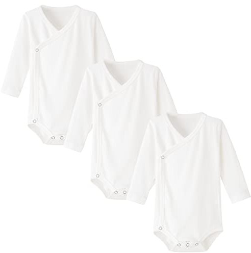 BINIDUCKLING Pack of 3 Baby Boys Girls Long Sleeve Wrap Bodysuits - 100% Cotton Baby Bodysuit with Side Poppers for Newborns - 12 Months, White, 0-3 Monate