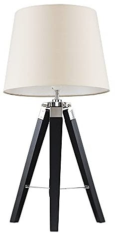 MiniSun | Black Wood and Silver Chrome Tripod Table Lamp with a Beige Light Shade | Table Lamps, Home Décor & Improvement Essential | Includes Bulb [3000K Warm White]