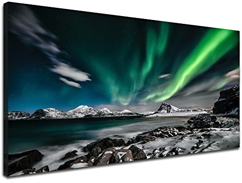 Nordlichter Leinwanddruck, großes grünes Bild, Aurora Borealis, Leinwand, Wandkunst Gemälde für Wohnzimmer, schneebedeckte Berge, Landschaft, Poster, Bild, Holzrahmen, fertig zum Aufhängen