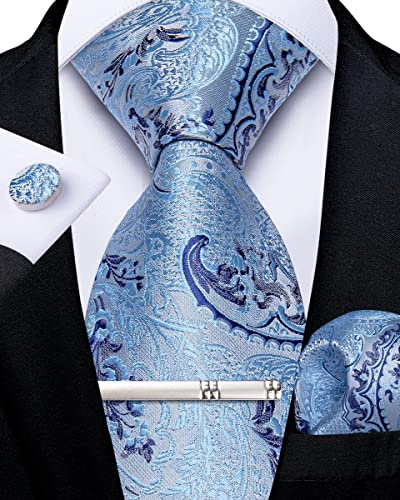 DiBanGu Silk Paisley Floral Tie for Men Light Blue Tie Set and Pocket Square Cufflinks Tie Clip Formal Wedding Business