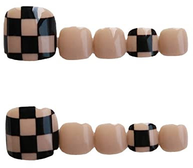 Lot de 24 faux ongles courts à bout carré - Couverture complète - Marron clair - Damier français - Pour salon de manucure et femme
