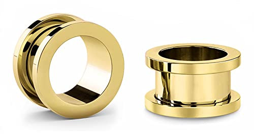 Jewel Barrel Pair Flesh Tunnels 2pcs Ear Stretcher Expanders Double Flared Screw Fit Piercing Surgical Steel 1.6mm - 20mm Silver Black Rose Gold Rainbow Blue (Gold, 10)