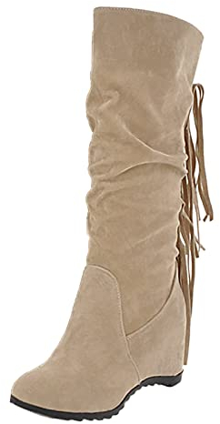 Stivaletti con Tacco Nuovi Stivali da Donna con Nappe in Autunno e Inverno Stivali Medi con Altezza Interna smerigliata con Tacco Inclinato