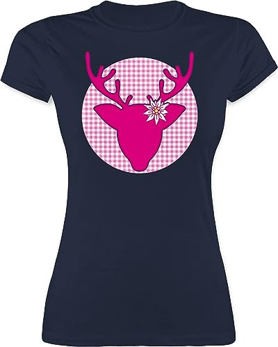 Shirt Damen - Kompatibel mit Oktoberfest - Hirsch Edelweiß - XL - Navy Blau - t-Shirt Tracht trachtenshirt bayrische REH Tshirt trachtentshirts Trachten t Shirts bayrisch wasen Oberteil