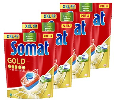 Somat Pastillas doradas para lavavajillas (4 x 49 pastas), pastillas para lavar platos brillantes y limpios incluso a bajas temperaturas, fuerza extra contra quemados