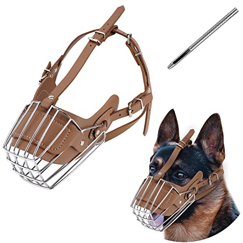 Hundemaulkorb, Metall-Gesichtskorb, Hundemund, atmungsaktiv, verstellbar, Lederleine, geeignet für große mittelgroße Hunde (Braun L)