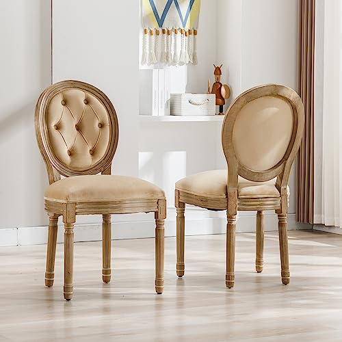 Merax Esszimmerstühle 2er Set, Küchenstühle mit Getufteten Knöpfen, Louis Polsterstuhl mit Runder Rückenlehne Medaillon Stuhl, Beine aus Massivholz, Gepolsterte Sitzfläche aus Samt, Beige