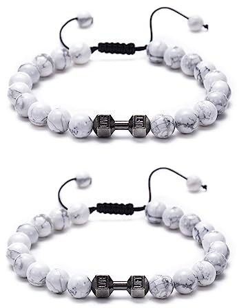 MBELLO Hantel-Armband für Männer, 8 mm Naturstein-Perlenarmband, verstellbares gewebtes Fitnessstudio-Armband, Weiß, Geschenke, Charm-Hantel-Armbänder für Sie oder Ihn