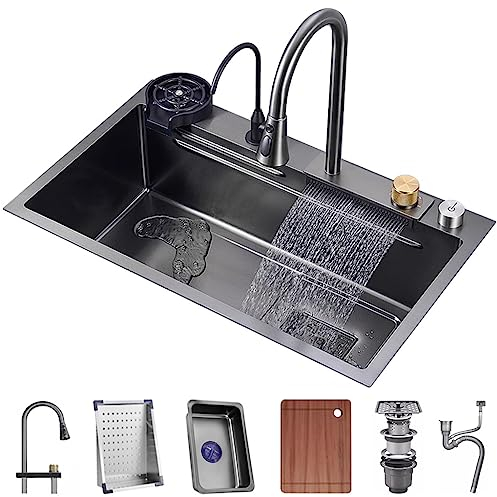 Fregadero de estación de trabajo nano-revestido de acero inoxidable de una sola tina de acero inoxidable con grifo extraíble y arandela de taza Juego completo de accesorios