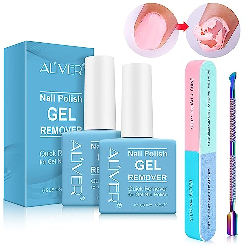 Gel Nail Polish Remover 2 Pack, Gel Polish Remover in 2-5 Minutes, Quickly & Easily Remove Gel Nail Polish with Scraper Cuticle Pusher Tools + Nail File, No need for Foil, Soaking Or Wraping
