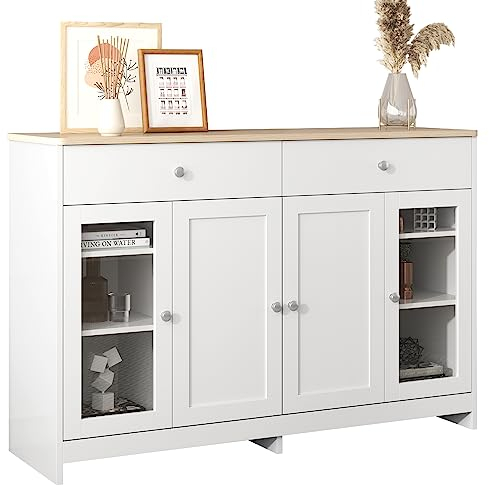 Merax Sideboard Kommode Weiß, Anrichte mit 2 Schubladen und 4 Türen, Beistellschrank Vitrine mit Glas Tür, Moderne Schrank Mehrzweckschrank Flurschrank, für Wohnzimmer, Esszimmer, 120 x 37 x 80 cm
