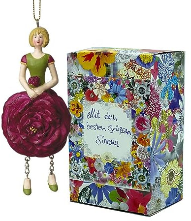 Fiebiger Floristik Blumen-Mädchen Kamelienrosenmädchen rot zum Hängen Elfen-Dekofigur Flower Fairy Figur Blumenfigur Skulptur Blumenkinder in Geschenk-Box