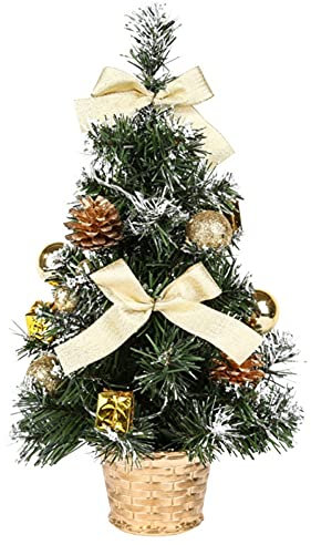 Pre-Lit Artificial Mini Christmas Tree with LED Lights, Snow Flocked Pine Xmas Tree, Desktop Tabletop Christmas Tree Burlap Base, Mini Desktop Decoration Tree (Gold)