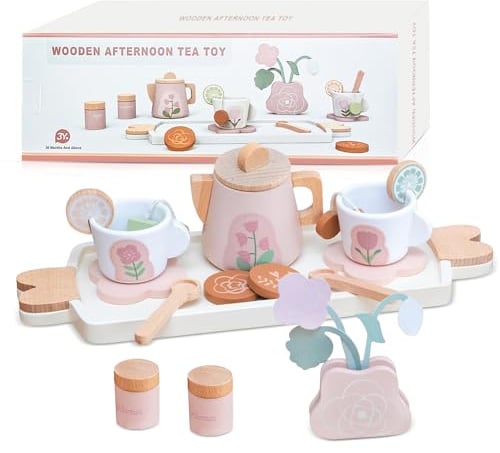 Fivtsme Juego de té de madera para niños, juego de té para niños, madera rosa, juego de té para niños, juego de té de madera, juego de té para niños, cocina infantil, fiesta de té, juego de rol,