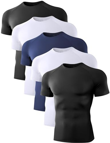 Dalavch 5 Pack Men’s Compression Shirts Short Sleeve Cool Dry Sports Athletic Workout Base Layer Undershirt T-Shirt Tops 2 Black 2 White 1 Blue Medium