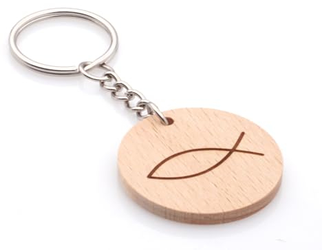 Festland DESIGN® Schlüsselanhänger Holz rund mit Gravur Fisch als Glücksbringer Taufe Prüfung Geschenk für Freunde Familie Partner Schlüssel Anhänger