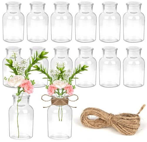 YSWOVUO Juego de 12 Mini Jarrones de Cristal, 125ml Jarrones para Flores con Cuerda de Yute, 5.5x10.3cm Jarrones Decorativos, Botellas de Cristal para Decoración Mesa Boda, Aptos para Lavavajillas
