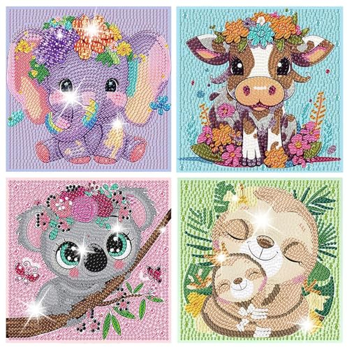 Aapxi 4er pack diamond painting kinder Diamond Painting Tiere Kuh Elefant - Diamond Painting Klein bilder - Basteln Mädchen 6 7 8 9 10 11 12 Jahre- Geschenk Mädchen Junge Bastelset Kinder Ab 6 Jahre