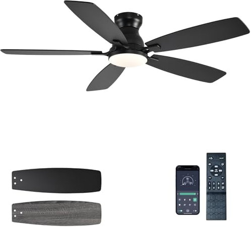 JSAITEE Ceiling Fans with Lights, 52 Inch Low Profile Ceiling Fan with Light and Remote Control, Flush Mount, DC Reversible Motor, Noiseless, Black 6 Speeds Ceiling Fan for Bedroom