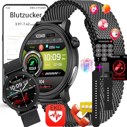 Fohatu 𝐛𝐥𝐮𝐭𝐳𝐮𝐜𝐤𝐞𝐫 Smartwatch 𝐛𝐥𝐮𝐭𝐳𝐮𝐜𝐤𝐞𝐫𝐦𝐞𝐬𝐬𝐮𝐧𝐠 EKG 𝐃𝐢𝐚𝐛𝐞𝐭𝐞𝐬 Smartwatch Mit Bluetooth-Anrufe,Fitness Tracker Mit Blutfette Harnsäure Blutdruck
