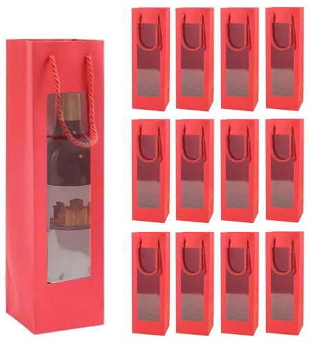 DQZSY 12 Stück Kraft-Wein-Organizer für,Kraftpapier Weinflaschenbeutel,Geschenktüte mit Griff für Flaschen, Hochzeit, Geschenktüten für Party-Flaschen (Rot)