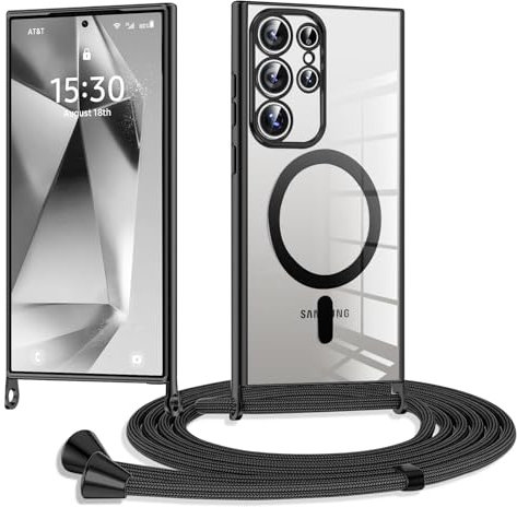 XCuihulle Handykette Kompatibel mit Samsung Galaxy S24 Ultra Magnetische Hülle mit Band,Galvanik Klare Silikon Handyhülle S24 Ultra Necklace Schutzhülle mit Kordel zum Umhängen Case Cover-Schwarz