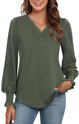 Neineiwu Bluse Damen Elegant Langarm Tops Lässig V-Ausschnitt Hemd Pullover Elegant Laternenärmel Oberteil,Olivgrün,XL