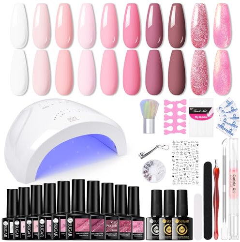 UR SUGAR UV Nagellack Set mit UV Lampe 48W, Gel Nagellack Starterset Schellack Nagellacks Starterset mit Base und Top Matte Coat Rose Glitzer Gelnägel Schellacks Gellack Nägel Nagelstudio Set