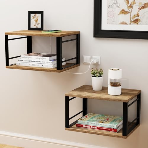 CHOWGOLI Nachttisch Hängend 2er Set, Nachtschrank Wandmontage Minimalistischer Stil, Offenes Wandregal, 40x30x23.5 cm, Holzmaserung, Vintage Braun