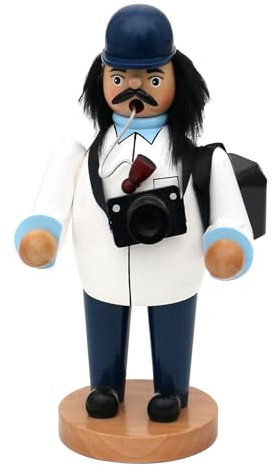 Dekohelden24 Holz Rauchfigur, Räucherfigur, Räuchermännchen, Räuchermann als Fotograf/Journalist mit Fotokamera und Rucksack in weiß, L/B/H 10 x 8 x 20 cm.