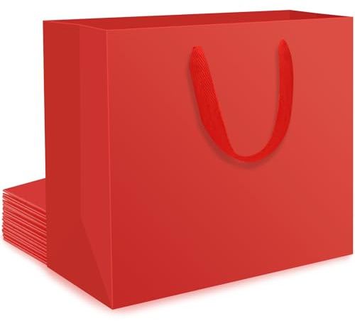 EUSOAR Rote Geschenktüte Groß - 10 stück 230GSM Tragetasche Papier Rot L 32x28x11.5cm - Papiertüten mit Henkel Querformat -Red Gift Bags - Geschenktasche Große Hochwertig - Geburtstagstüten Jahrestag