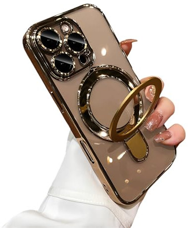 Tybiky Magnetisch Ständer Klar Handyhülle für iPhone 12 Pro Max Kompatibel mit Mag-Safe 360° Schutzhülle Drehbare Halterung Ring Hülle Stoßfest Kratzfest TPU Case Metall Transparent Cover, Gold