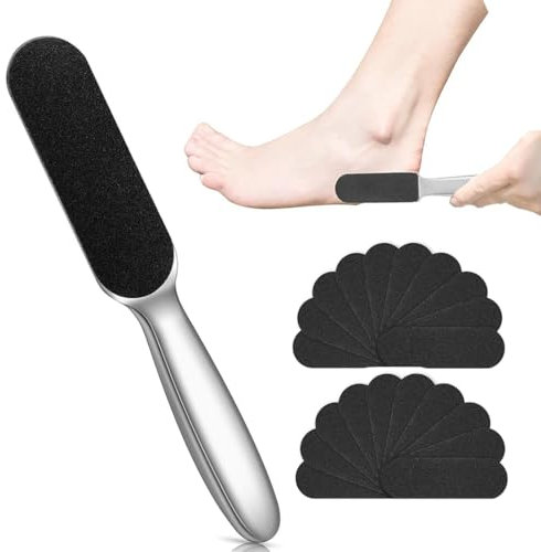 JEYORZY Fußfeile, 1 pcs Edelstahl Hornhautentferner Doppelseitig und 20 Ersatz-Schleifpapier, für Verhärtete Oder Trockene Haut, Hornhautfeile Fußpflege, Hornhaut Entferner für Hand und Fuss