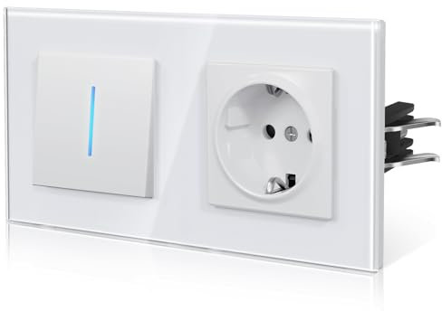 BSEED Enchufe y Interruptor,interruptor pared con Garfio,Basculante con Pilotitos LED,Panel de Vidrio,Seguridad Infantil,Fácil Instalación,E-Serie,1 Gang 1 Vía Con Enchufe,157mm Blanco
