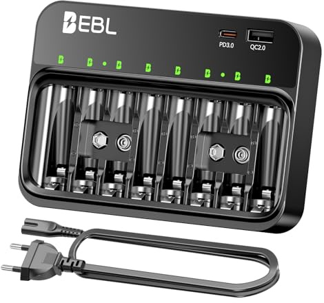 EBL Cargador de Pilas para AA AAA 9V, 8 Ranuras Independientes con Cargador de Batería USB-C PD3.0 & Entrada Micro USB, Cargador Rápido