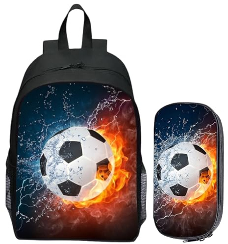 KDFSSIPE Fußball Schulranzen, Achulrucksack,Federmäppchen Fussball, Schulrucksack Jungen,Cartoon Bedruckte Schultasche und Federtasche, Grosse Kapazität Grundschulrucksack, Schwarzer,2pcs