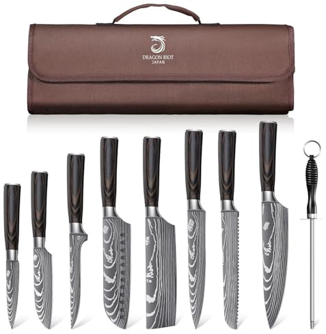 DRAGON ROIT Japanese Knives Set Damascus Pattern Chef Knife Set for Kitchen with Roll Bag, Sharp Stainless Kitchen Knife Set Brown Handle