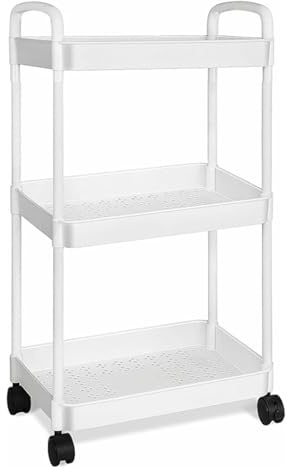 3 Tier Storage Trolley on Wheels Kitchen Trolleys with Handle for Book Beauty Craft Trolleys Rolling Utility Storage Cart for Room Bathroom Office, Space Rack Space-Saving Mobile Shelving Organizer