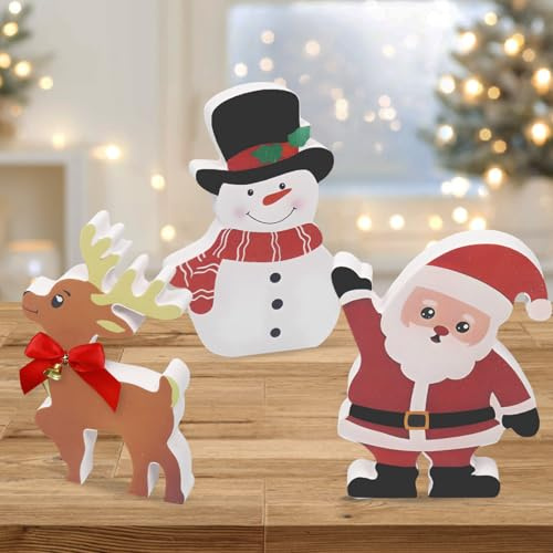 Weihnachtsdeko Tisch, 3 Stück Weihnachten Tischdeko Holz, Schneemann Figuren Tischdeko, Winter Holzdeko, Tisch Weihnachtsschmuck Holz für Fensterbank Weihnachtsfeiern Kaminsims Tischdeko Büro